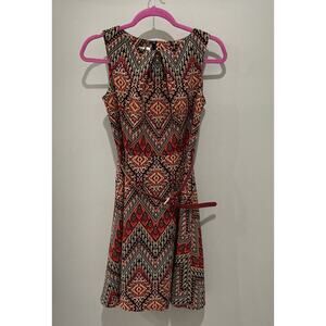 Signature Darby Women Sleeveless Fit & Flare Belted Dress Size 6P Multicolor Art